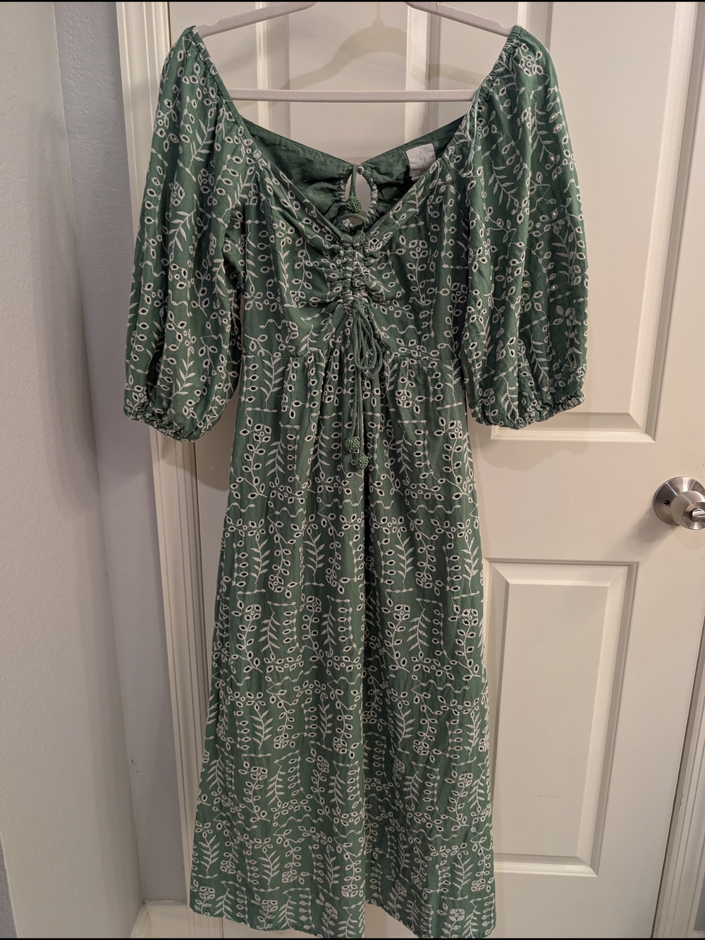 Joie Sage Green Printed Puff-Sleeve Midi Dress